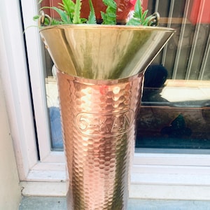 French Vintage Copper Umbrella Stand Flower Pot Decor Ceramic Handle Hammered Sides Paris, France  #G-50395