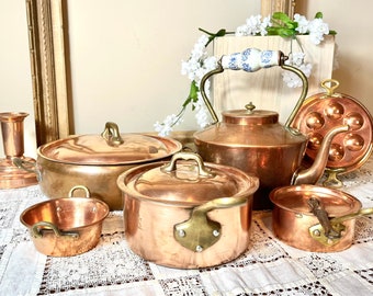 Copper Pans Set Oven Cookware Brass Vintage Lids Complete Dehillerin Made in France Stamped 9 Piece Set Paris, France #G-11-091