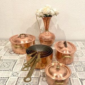 13 Piece Copper Pans Spout Cookware Set Brass Handles Stamped Cocotte Skillet Stockpot Vase 2mm Paris, France #G-4094