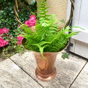 Solid Copper Flower Basket Panier Vase Hammered Brass Twist Handle Stamped Made Belgium Paris, France #G-434-5