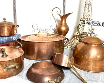 Vintage Copper Kitchenware Cookware Collection, Oven Safe Kettle Pot Pan Pitcher Plate Set of 7 Paris, France #G-1000-83