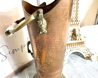 Esquite Vintage French Copper Brass Fireplace Scuttle Umbrella Stand Flower Vase Lion Paris, France #G-1000-84