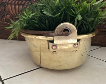 French Antique Solid Brass Basin Flower Pot Cauldron Bucket Copper Rivets Iron Handle Paris, France  #G-8230