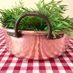 May include: A copper planter with two iron handles. The planter is filled with green leafy plants and is sitting on a red and white checkered tablecloth.
