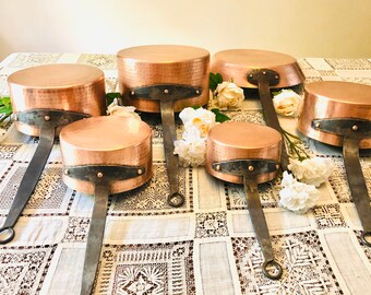 Professional Solid Copper Pan Set Artisanal Rod Iron Handles with Copper Rivets Stamped and Handmade 1.5mm Paris, France #35-9529