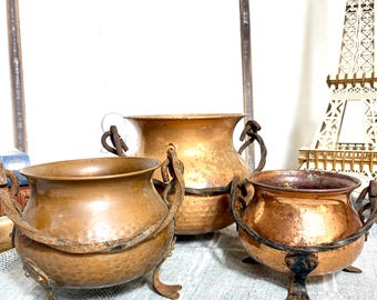 French Vintage Hammered Copper Cauldron with Wrought Iron Handle, Pot, Planter, Kettle  Set 3 Piece Paris, France #G-1000-86