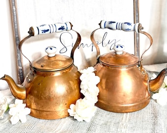 Vintage Copper Tea Kettles with Blue and White Delft Style Porcelain Handle and Knob | Farmhouse Kitchen Decor| 2 Piece Set #G-1000-113
