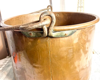 French Copper Cauldron 19th Century Hand-Forged Iron Handle, Apple Butter Kettle Rustic Farmhouse Hearth Firewood Decor #G-1000-121