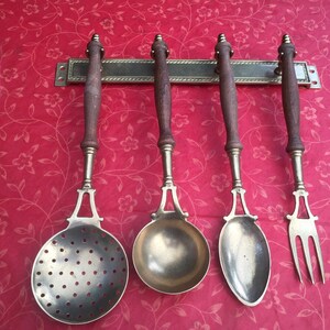 Brass and Wood Cooking Utensil Set Vintage with hanging rod