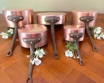 5 French Professional Antique Copper Pan Cookware Chef Set Stamped Saute Skillet 27cm Paris, France #G-77224