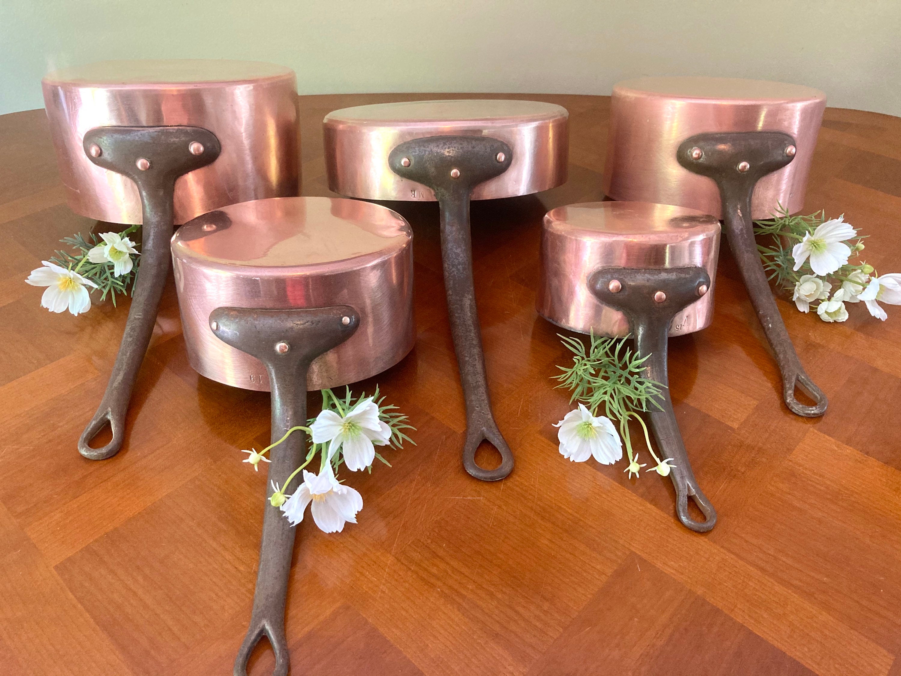 5 Français Professional Antique Copper Pan Cookware Chef Set Stamped Saute Skillet 27cm Paris, Franc