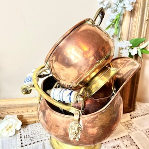 Vintage French Copper Brass Lion Planter Set, Ceramic Handles, 3 Piece