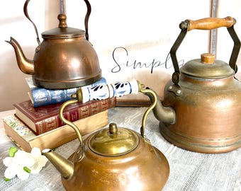 Vintage Copper Kitchenware Mixed Collection, Tea Kettles Pots Set of 3 Paris, France #G-1000-77