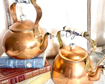Vintage Copper Tea Kettles with Blue and White Delft-Style Porcelain Handle | Rustic Farmhouse Kitchen Decor (2 Piece Set) #G-1000-104
