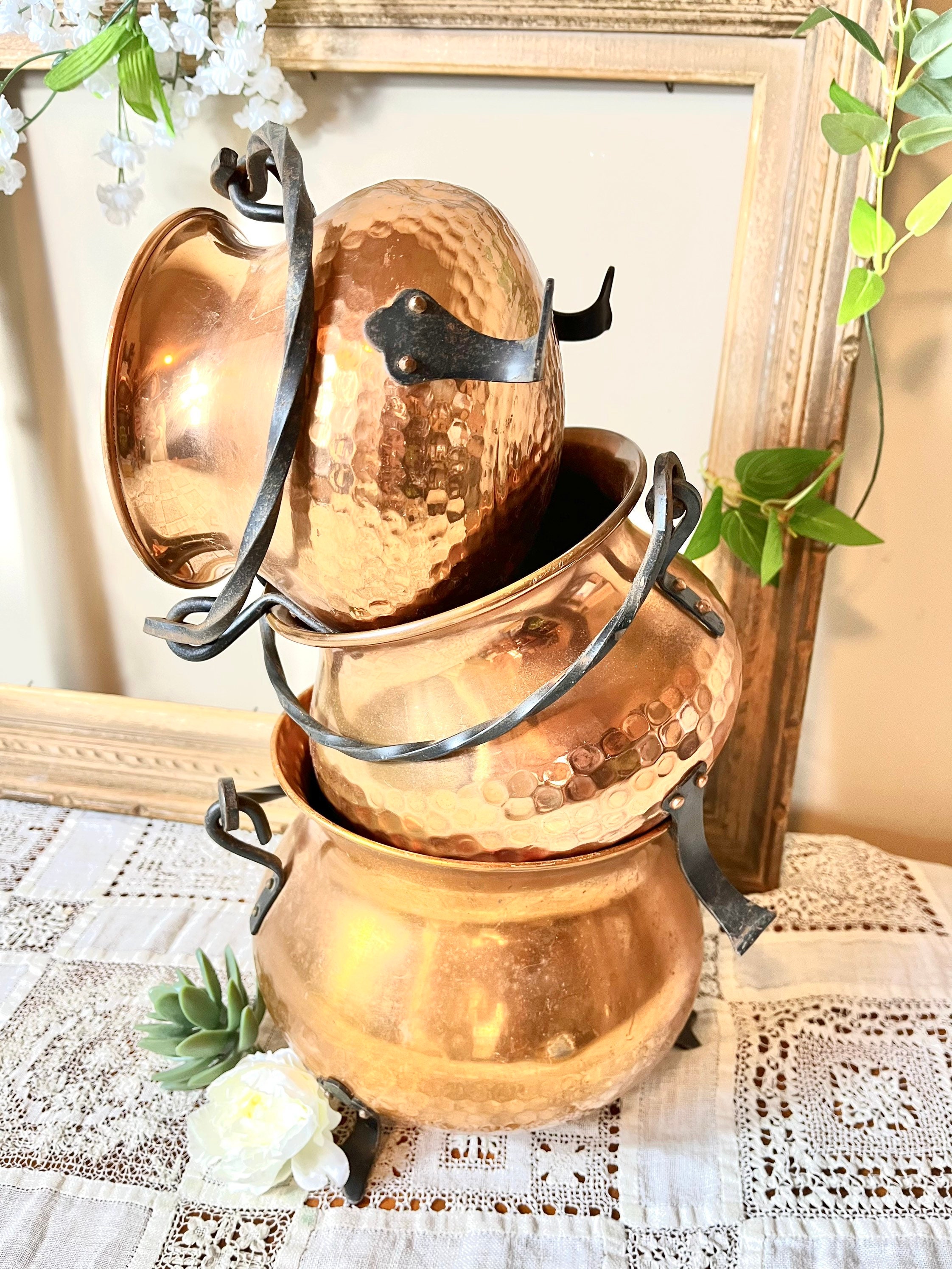 French Hammered Artisanal Copper Cauldron Container Flower Pot Bowls ...