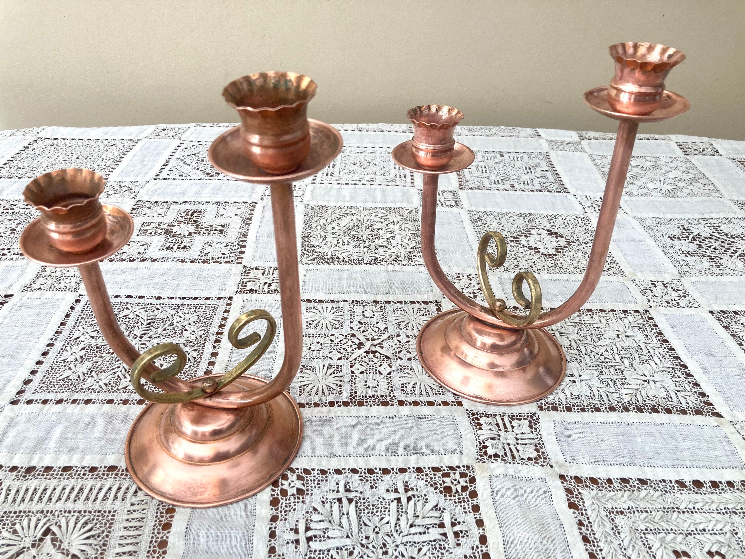 Vintage Artisanal Candle Sticks 2 Piece Brass Set Paris