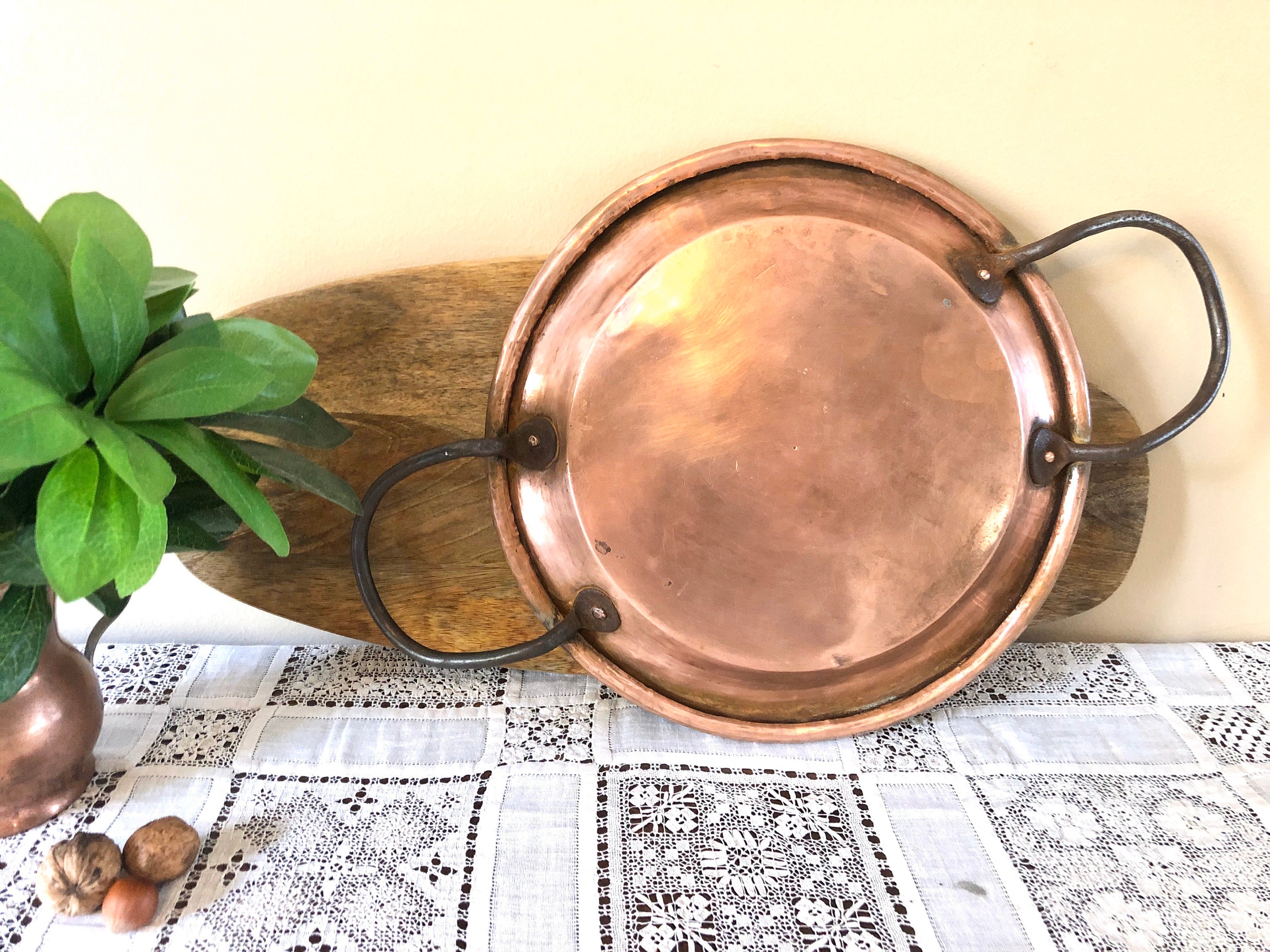 Paella Pan Solid Copper Cookware Wrought Iron Handles Curled Lip Paris, France #5-6259
