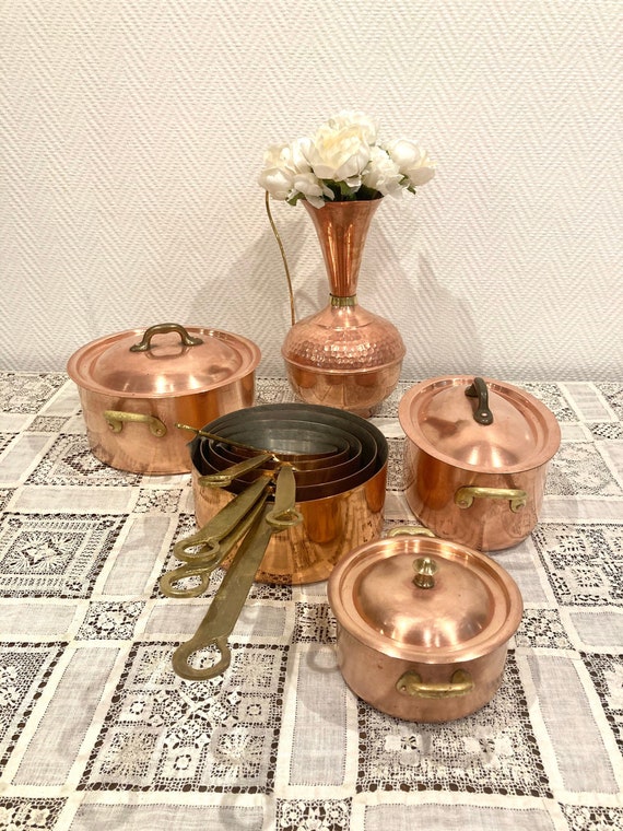 13 Piece Copper Pans Spout Cookware Set Brass Handles Stamped -  Denmark