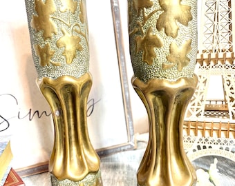 Pair of Antique WWI Trench Art Brass Vases – Hammered Oak Leaf Design – French 75mm Artillery Shells c. 1917 #G-1000-106