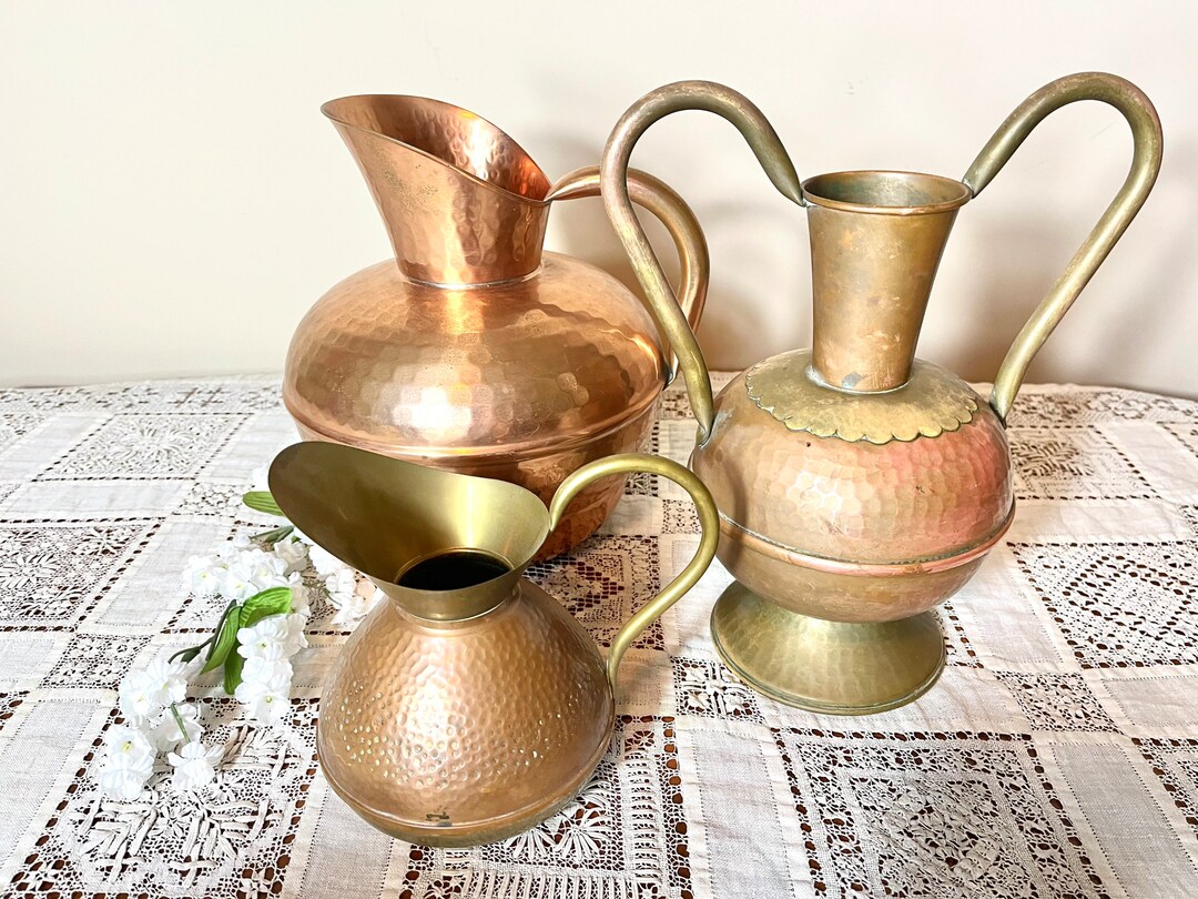 Solid Copper Vase Planter Pitcher Set Vintage Double Handles Etsy