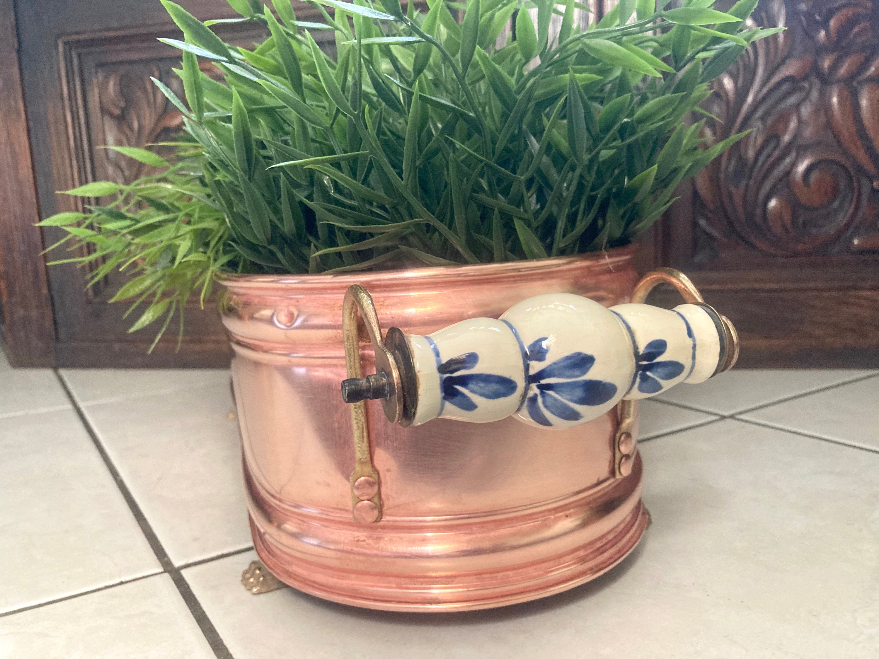 France #G-3647 Vintage Copper Pan Planter Brass Handles Rolled Lip Ceramic Handles Lion Feet Dovetail Seams Paris