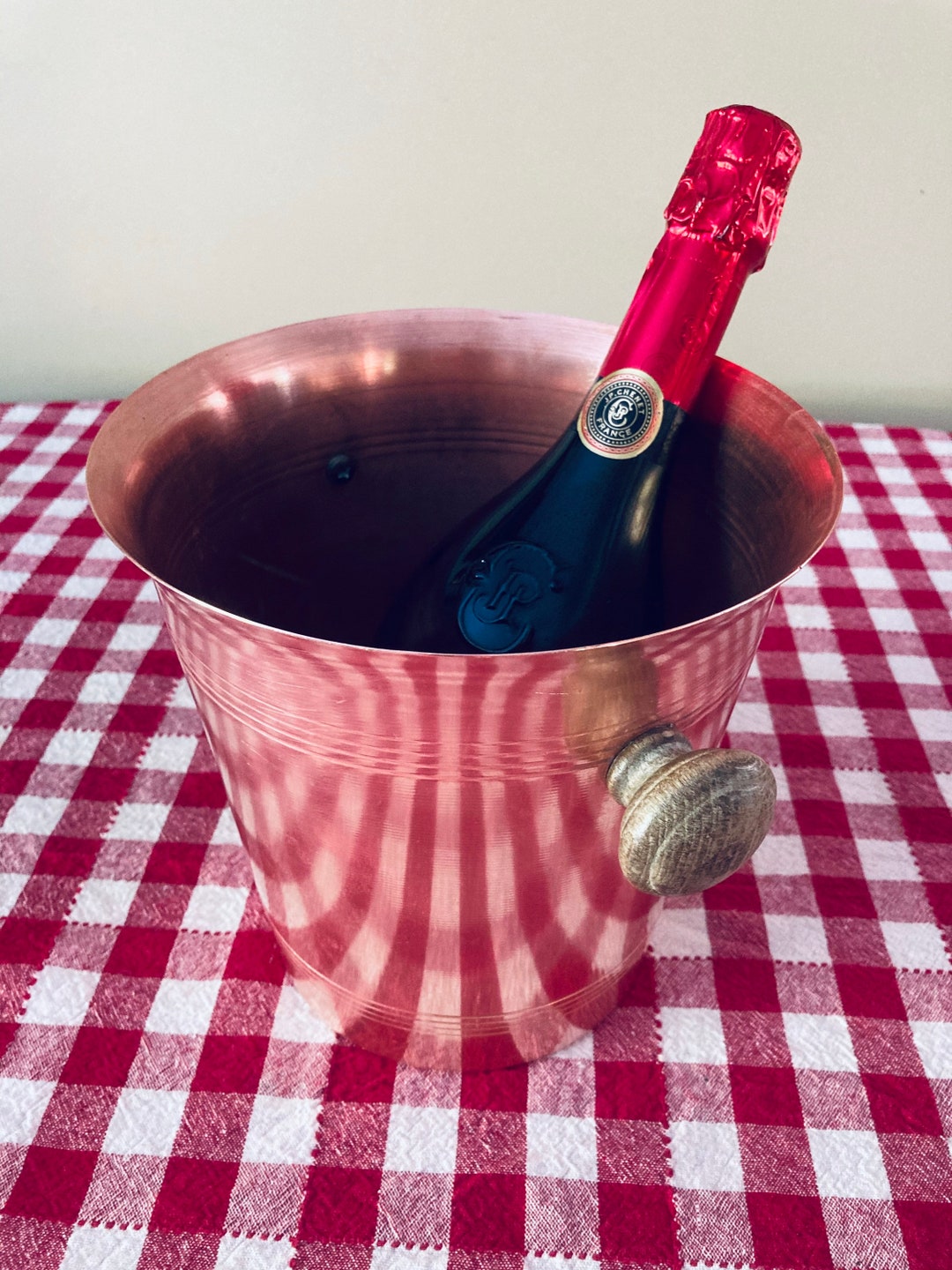 Vintage French Copper Champagne Bucket Wood Handles Paris, France G