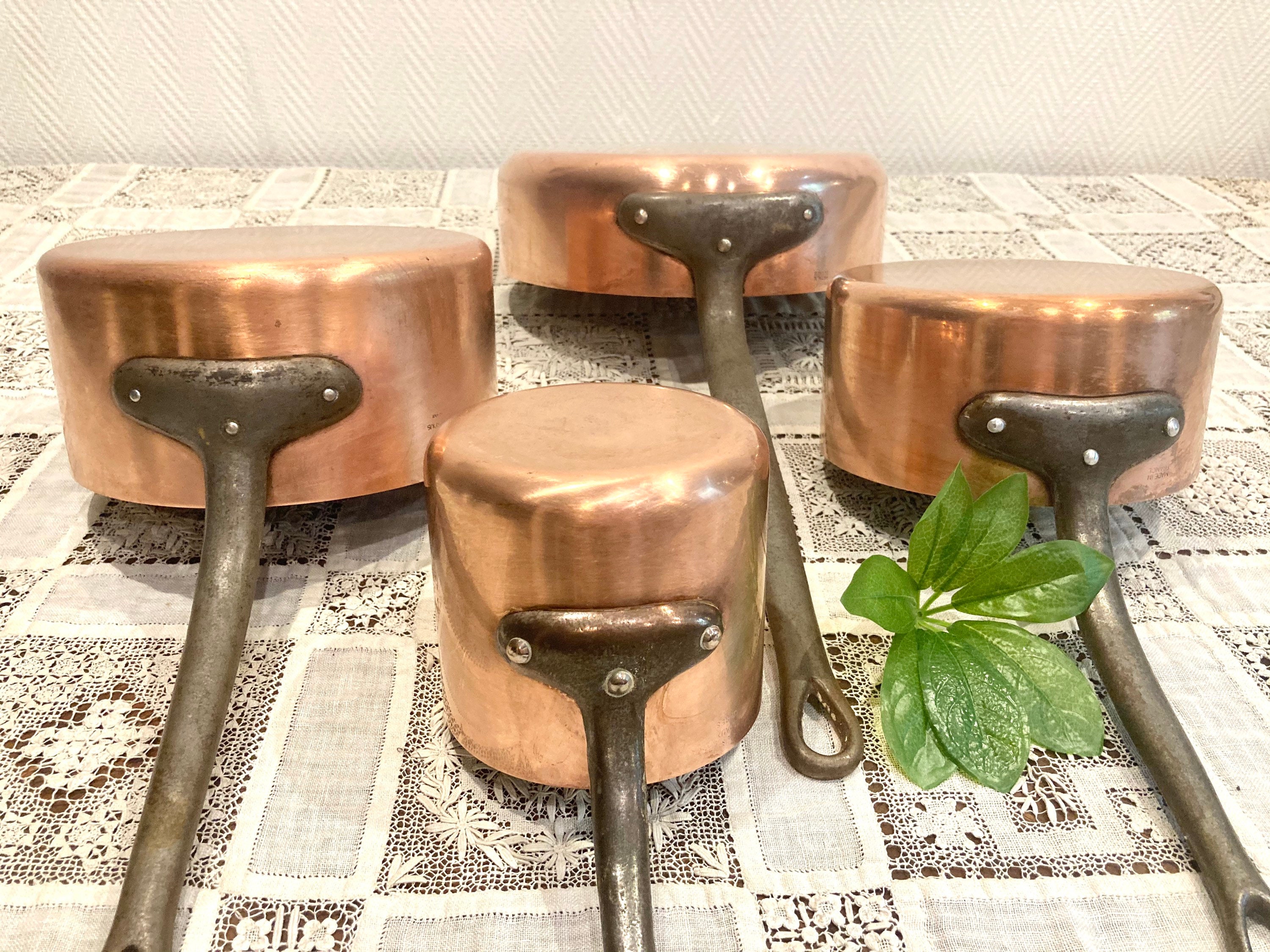 4 Français Vintage Professional Copper Pan Set Ustensiles de Cuisine en Fer Forgé Poignées Estampill