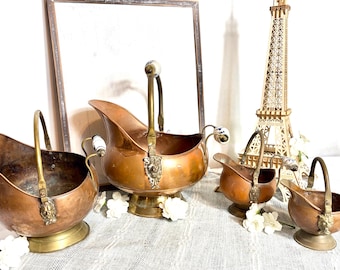 Set of 4 Vintage Copper & Brass Coal Scuttles | Antique Fireplace Ash Buckets with Delft Porcelain Handles and Lion Head #G-1000-115