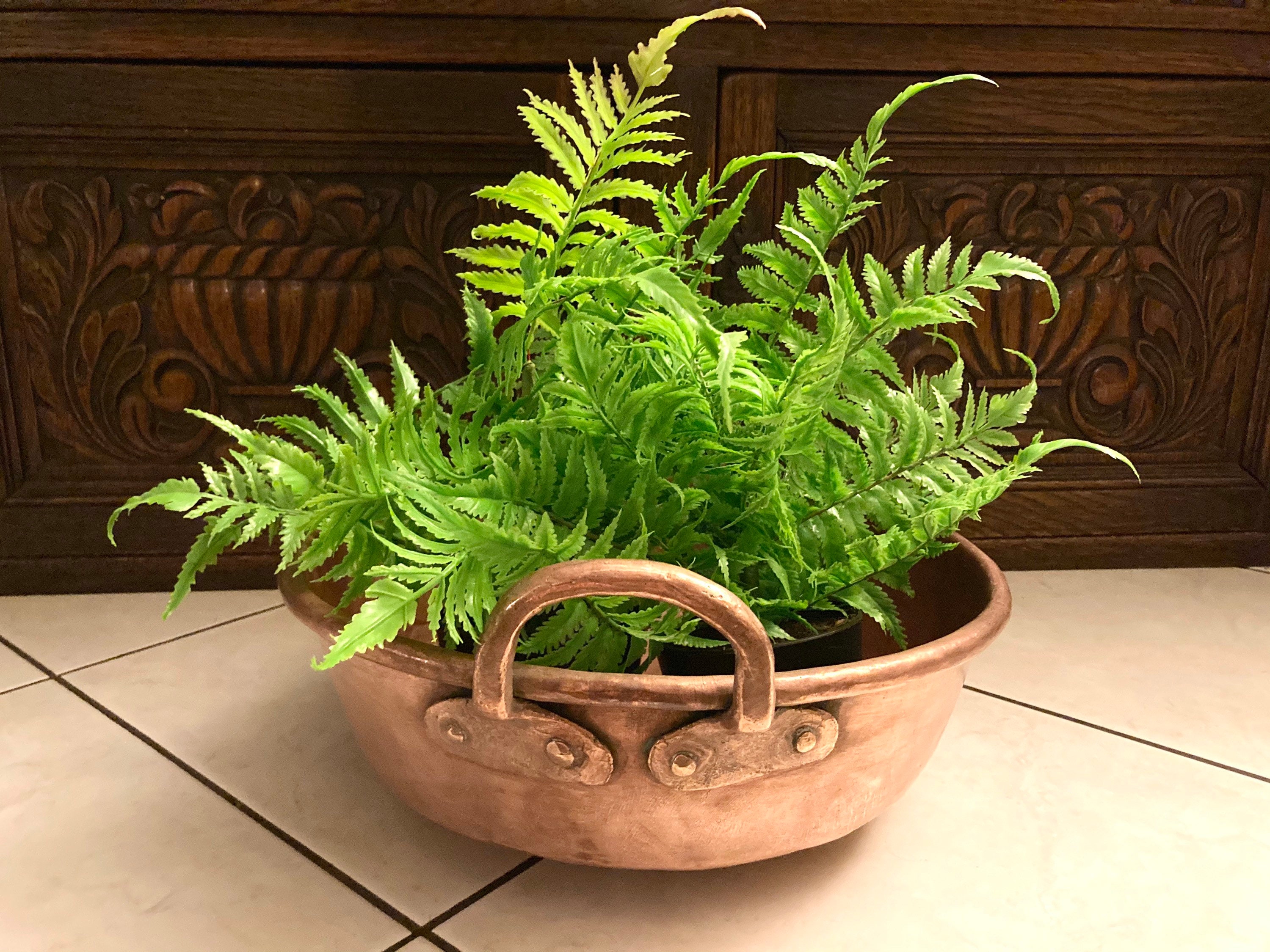 1700's Antique Artisanal Solid Copper Bowl Basin Jam Detailed Handles Rolled Lip Paris, France #g-11