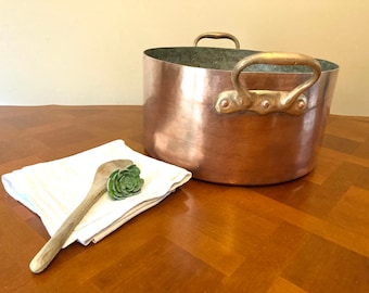 French Professional Copper Stock Pot: Antique Brass Handles, Paris France