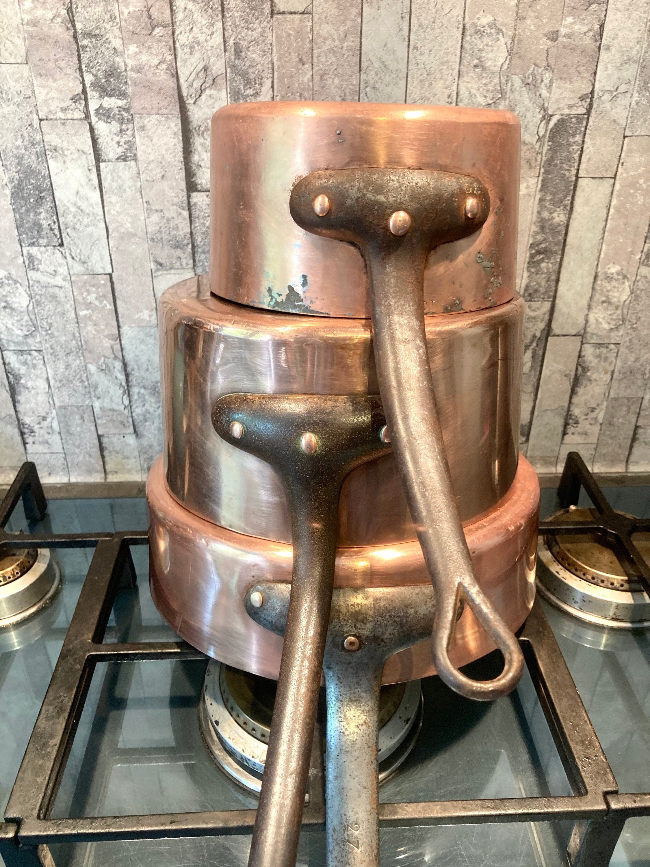 3 Casseroles en Cuivre Skillet Saute Set Français Professional Stamped Antique Paris, France #g-7157