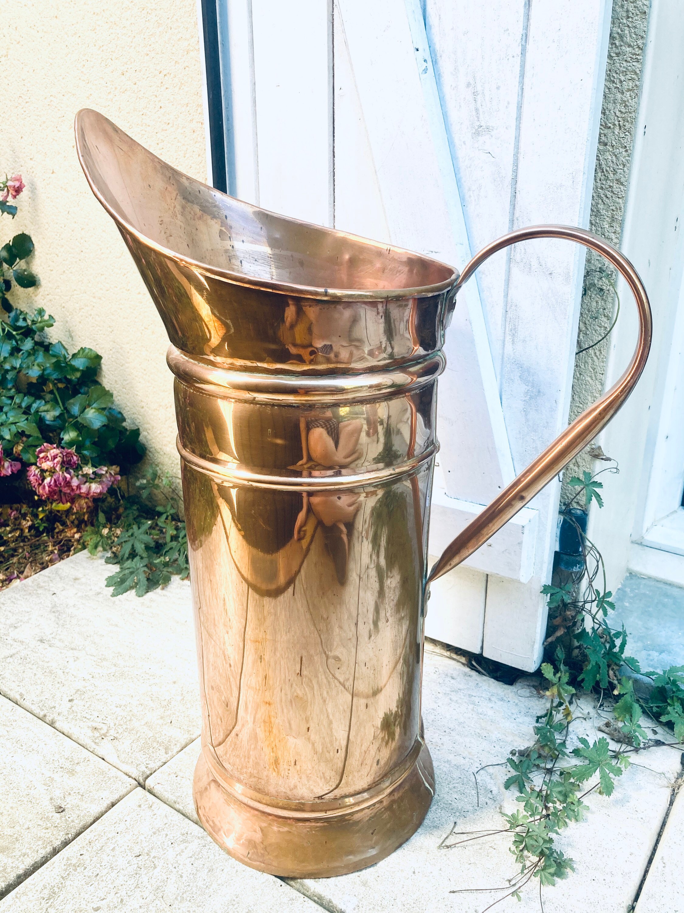 1800's Copper Coal Pitcher Umbrella Cane Stand Hammered Base Paris, France #10-8502P