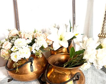 Set of 3 Vintage French Hammered Copper Cauldrons with Wrought Iron Handles & Tripod Feet | Antique Farmhouse Decor #G-1000-120
