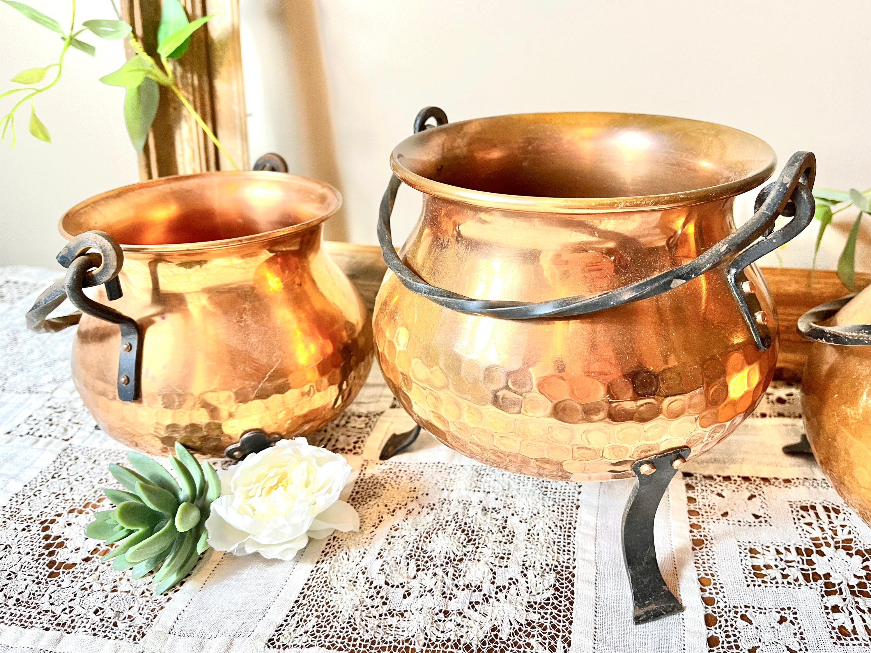 French Hammered Artisanal Copper Cauldron Container Flower Pot Bowls ...