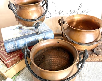 French Vintage Hammered Copper Cauldron, Pot, Planter, Kettle  Set 3 Piece Paris, France #G-1000-77