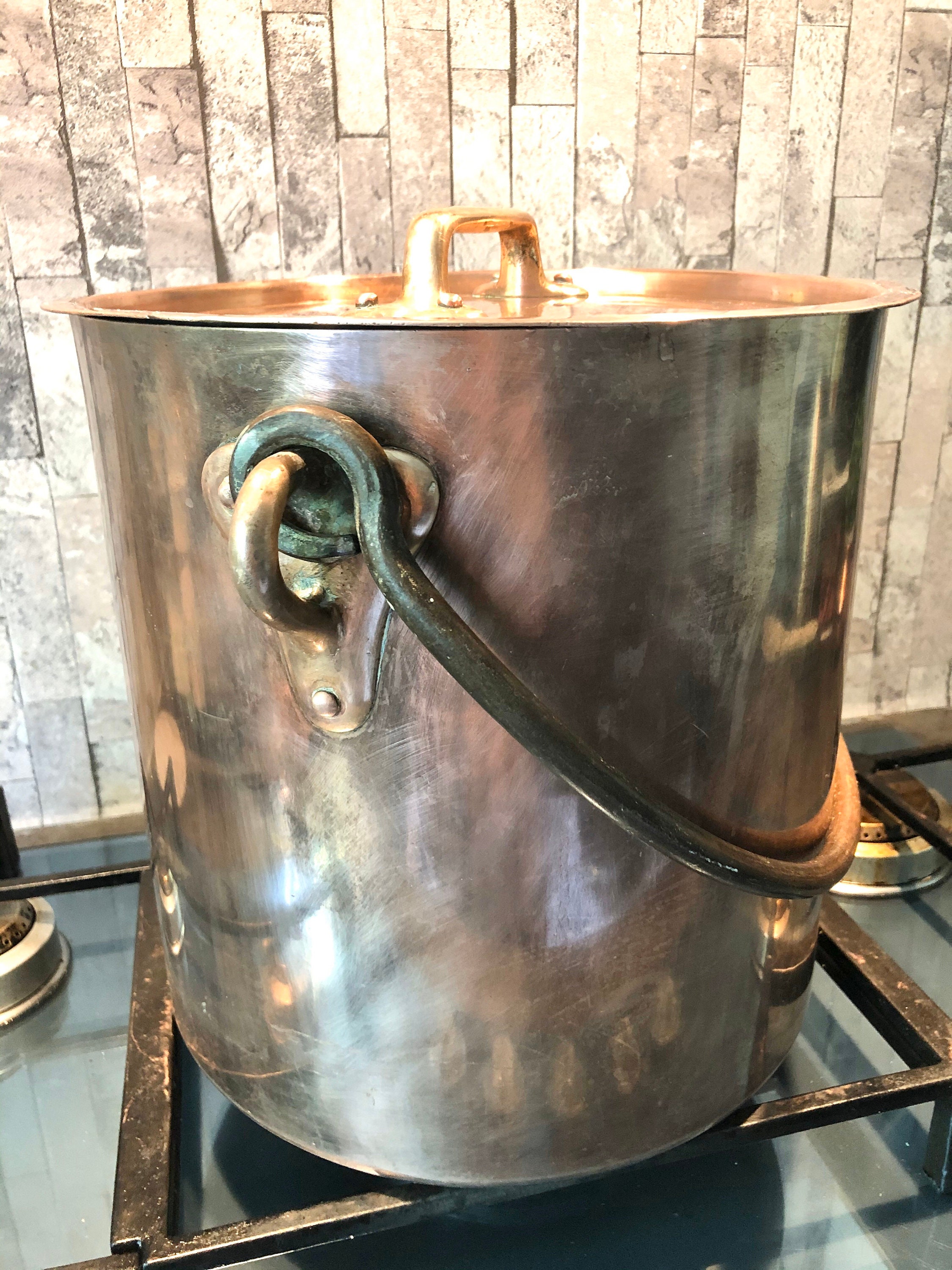 Français Pot en Cuivre Massif avec Poignée Fer Forgé Laiton Estampé 28cm Rivets Paris, France #40 -