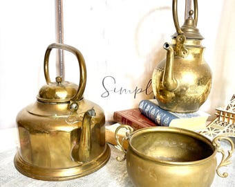 Vintage Brass Tea Set - Belgica DF 3-Star Marked Large Kettle, Gooseneck Teapot & Footed Sugar Bowl, 3-Piece Antique Farmhouse #G-1000-127