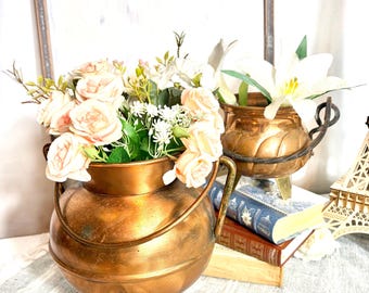 Vintage Copper Footed Cauldron Planter Set - Antique Style Copper Pot with Brass Accents & Handles Rustic Home Decor #G-1000-119