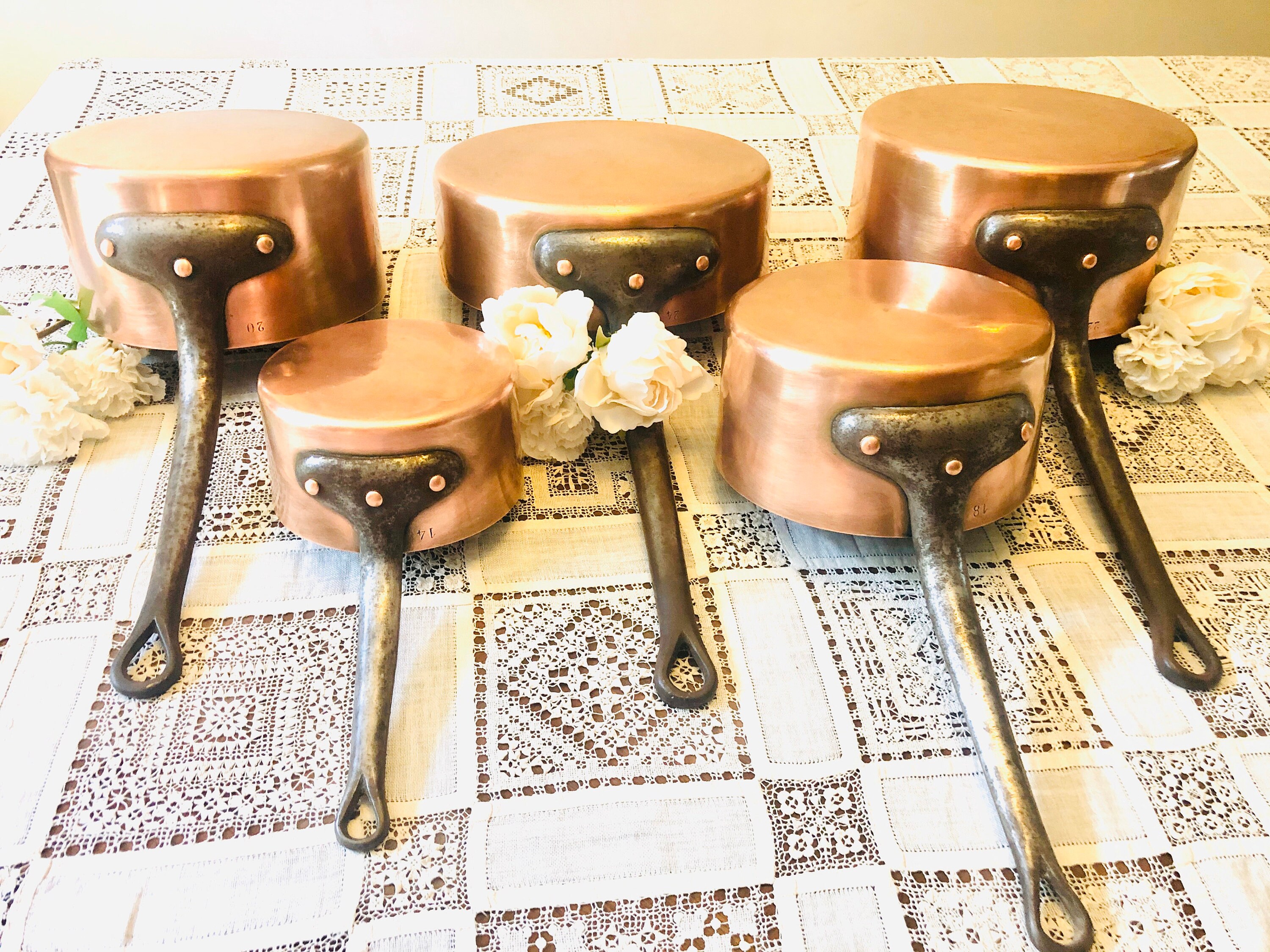 Français Professional 5 Vintage Copper Cookware Chef Large Set With Rivets Stamped 1.5mm Paris, Fran