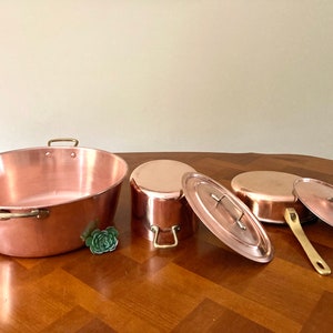 Vintage Copper Cookware Set: Jam Basin, Skillet, Cocotte - 5 Piece Paris Kitchen