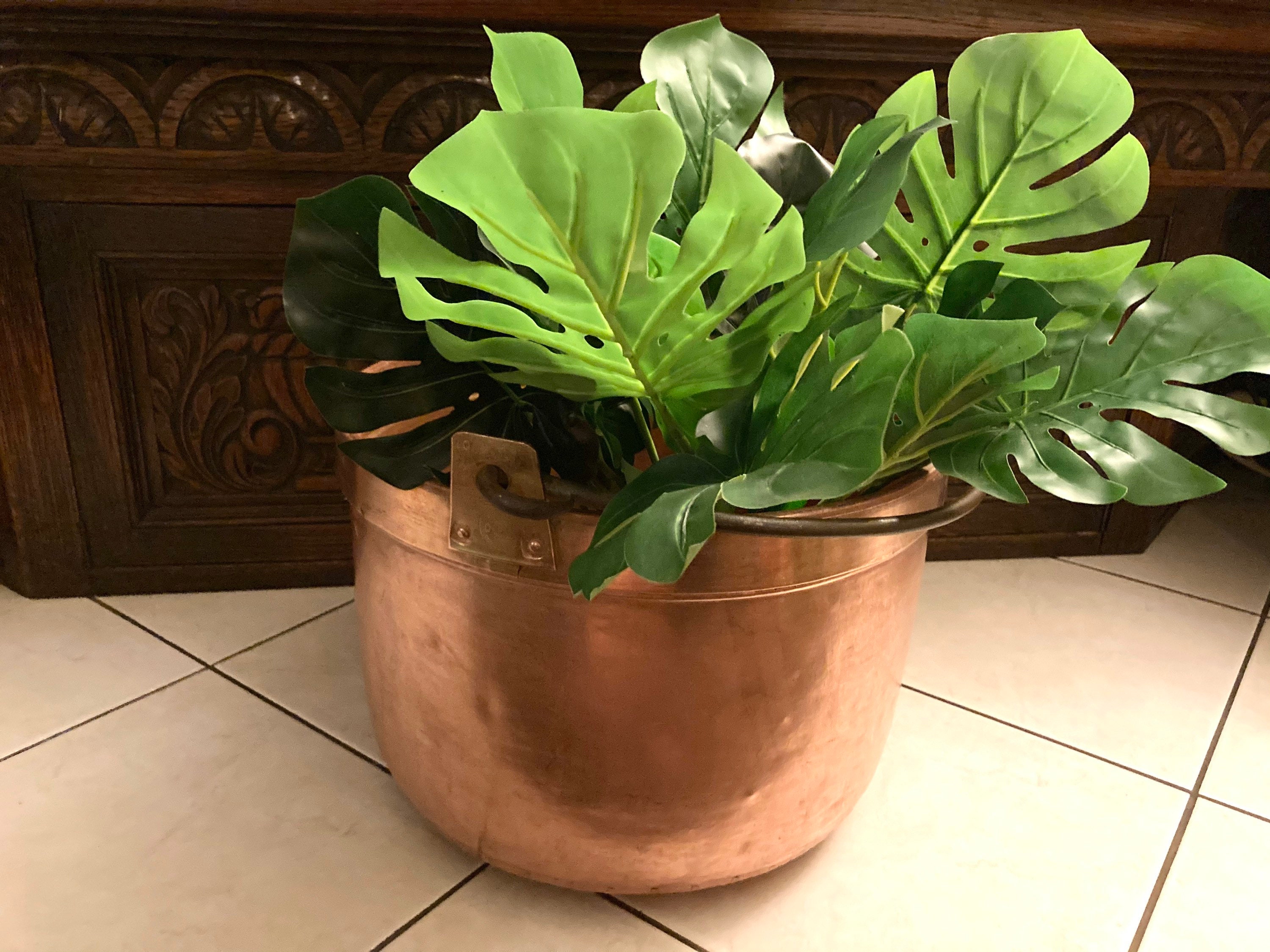 Français Vintage Estampé Martelé 40cm Solid Copper Cauldron Basin Planter Énorme Paris, France #g-11