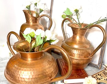 Vintage French Hammered Copper Vase & Pitcher Set, Stamped Villedieu Normandy, Handcrafted Artisan Copper Decor,French Farmhouse #G-1000-118