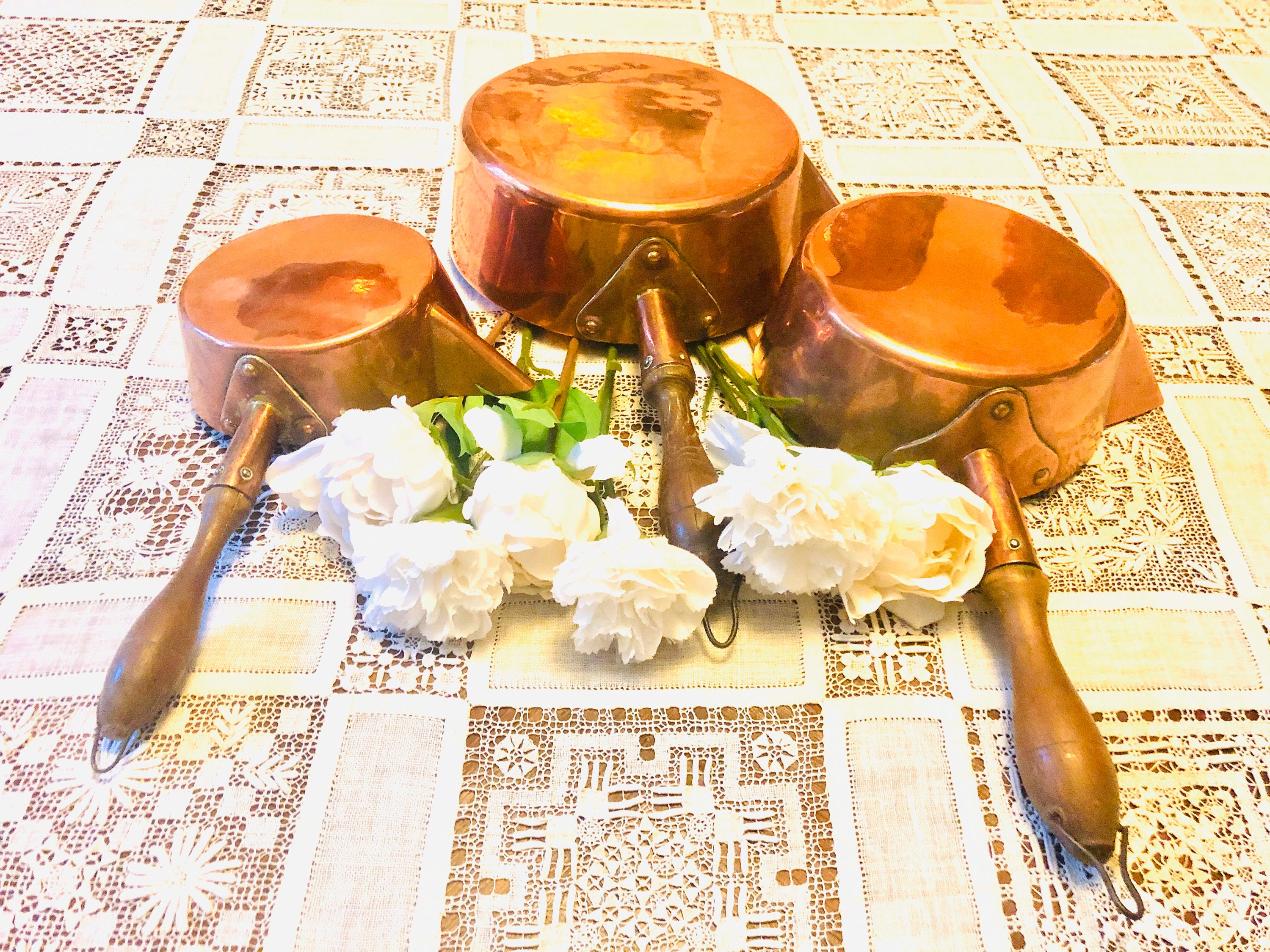 Vintage Français Copper Chocolate Sugar Pan Saucier Set Wood Handles Spout Paris, France