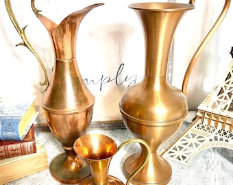Vintage French Copper Vase and Pitcher Set | Stamped Villedieu France | Mid-Century Copper & Brass Decor #G-1000-98