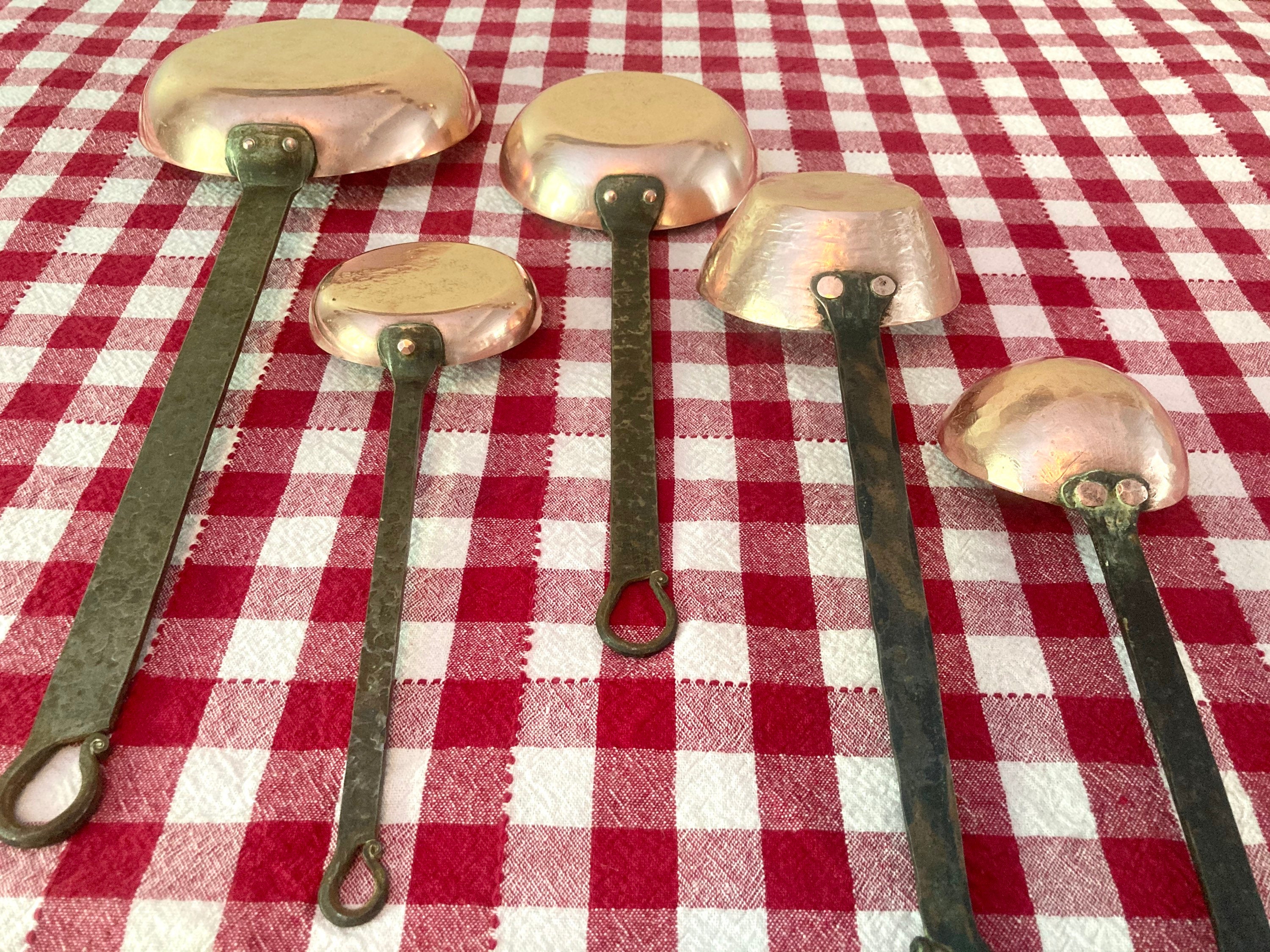 Old World Vintage Antique Long Hand Hammered Handles Extra Large Copper Spoon Set French Country Par