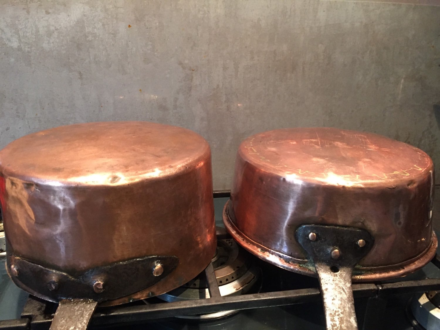 2 Antique 1800's Copper Pans With Long Rod Iron Handles Rivets Paris, France #10-184-10
