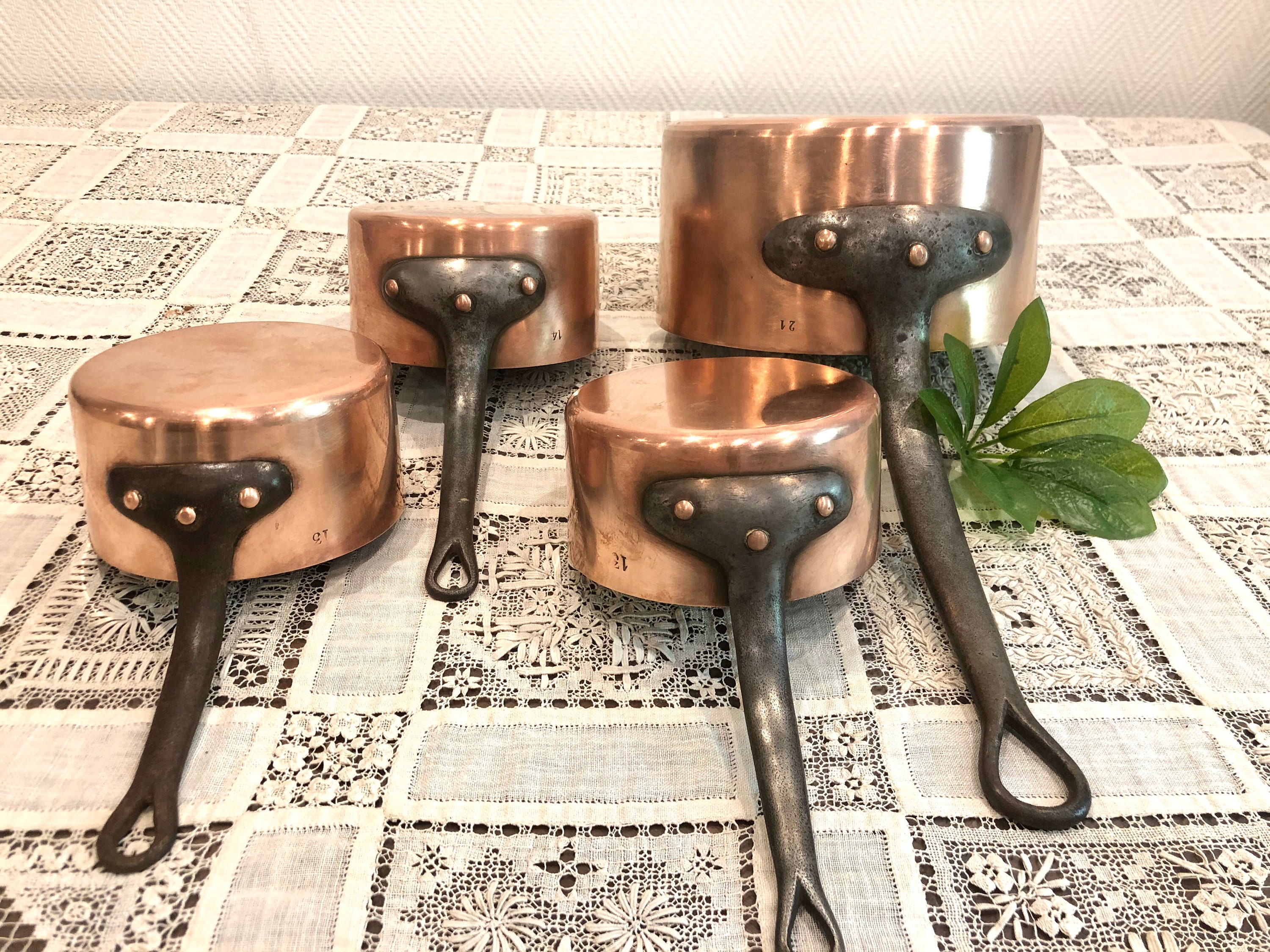 4 Français Antique Copper Cookware Chef Set Pan Stamped Country Decor Paris, France #20-423P