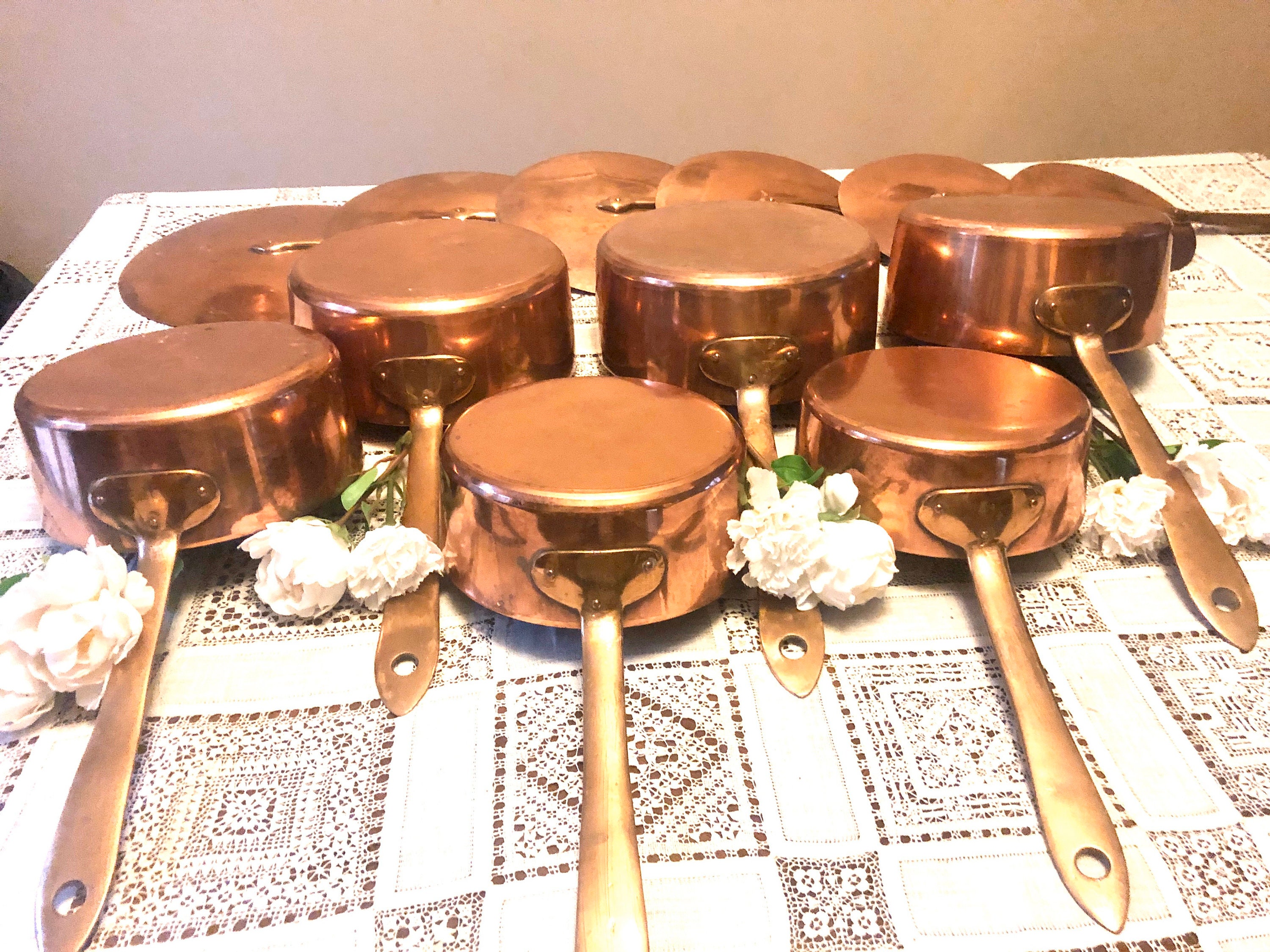 6 Français Copper Cookware Pan Set With Lids Brass Handles Vintage Artisanal Stamped Cornu Frères in