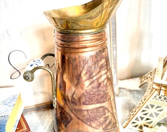 Vintage Holland Copper & Brass Pitcher with Delft Blue Ceramic Handle – 12” Decorative Jug #G-1000-105