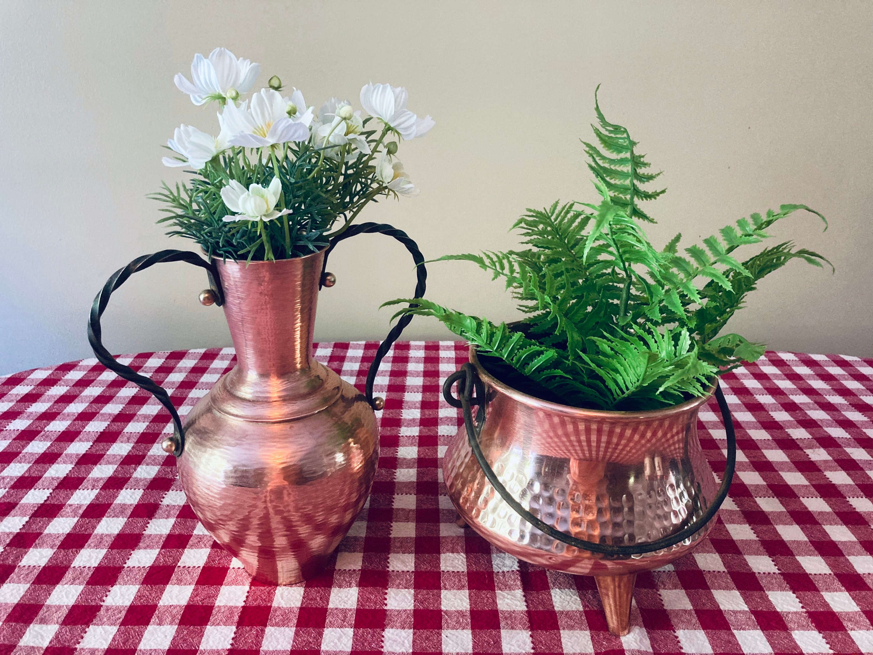Solid Copper Vase Planter Set Vintage Double Handles Hammered Etsy